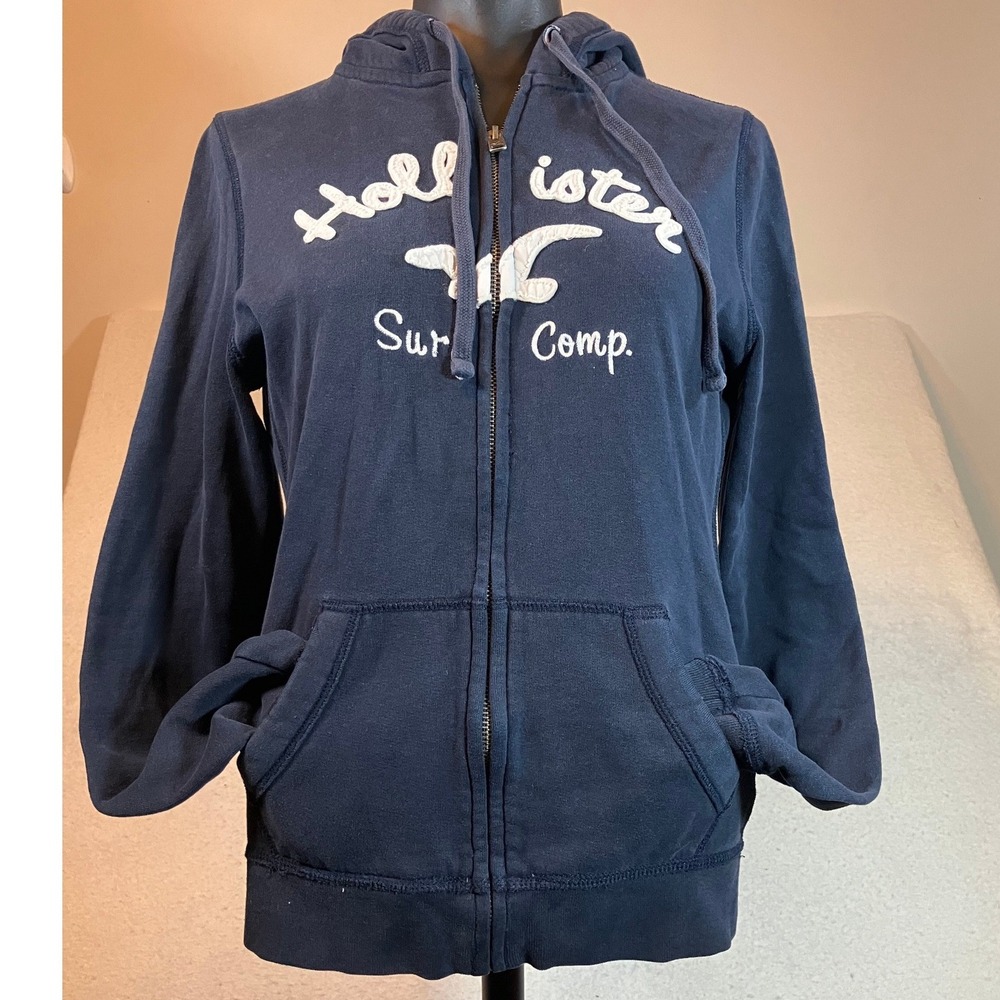 Hollister Navy Full Zip Hoodie Womens Large Surf‎ Comp Logo Fleece Sweatshirt